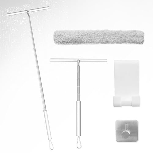 LORESJOY Rasquetas Limpiacristales para Ducha de Silicona con Soporte, Limpiacristales con Mango Extensible, Rasqueta limpiacristales y Microfibra Ventana Arandela (Blanco)