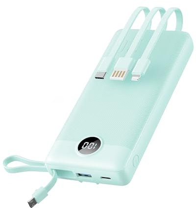 VRURC Cargador Portátil 20000mAh, Power Bank de Carga Rápida con Pantalla LED, 4 Salidas 2 Entradas USB C Cables Integrados para iPhone 15/14/13/12/Pro/11, Samsung, Android etc-Verde