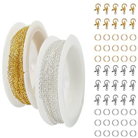 Gliederkette Gold Silber10m,Gliederkette Meterware 1,8 mm Schmuckherstellungsketten Edelstahl DIY Link Kette Halsketten mit 40 Karabinerverschlüssen und 100 Biegeringen,Schmuckherstellungszubehör