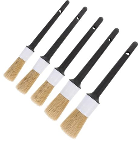 COLLBATH Car Detail Paint Brush 5PCS Round Head Small Brush Set Industrial Brush for Paint Stain Cleaner Varnish Paint Bristle Cleaning Brush Boar Hair Detail Brush Wood Handle