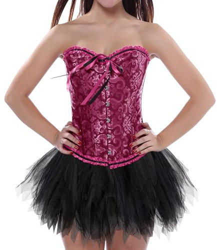 Moulin Rouge, Damen Corsage Korsett mit Rock Rot Tüllrock Karneval Kostüme Gothic Bustier Corsette 50er Retro Ballett Petticoat Unterrock Set Steampunk Piratenkostüm Faschingskostüme