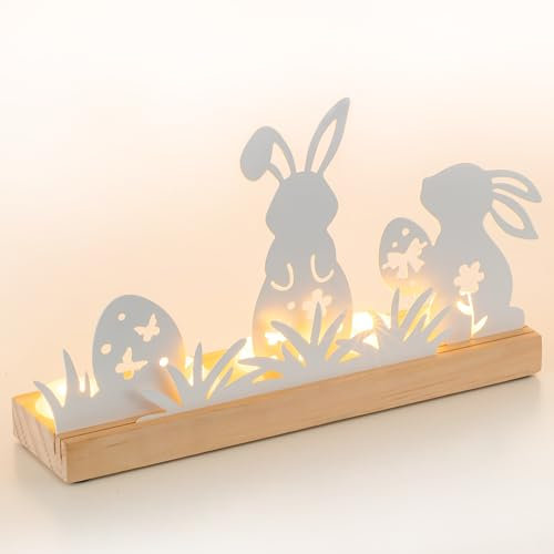 Sziqiqi Portacandele Portalumini Decorazioni Pasquali: Portacandele Legno con Coniglietto e Uovo di Pasqua per Centrotavola - Portalumini con 5 Candele a LED per Festa di Pasqua Decorazione della Casa
