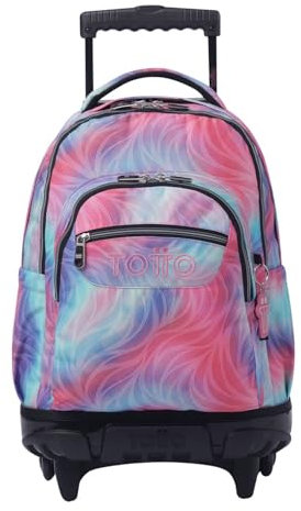 TOTTO - Mochila Escolar con Ruedas, Modelo Renglones, Capacidad 26,21 Litros, Bolsillo para PC 14, Bolsillo Botella, Correas en S para Mayor Comodidad, Resistente, Estampado Fritz Glitter