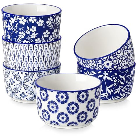 vancasso Selene 6 oz Ceramic Ramekins Set of 6, Microwave & Dishwasher Safe Souffle Cups for Baking, Desserts, Dipping Bowls - Hand-Painted Blue & White Floral Design
