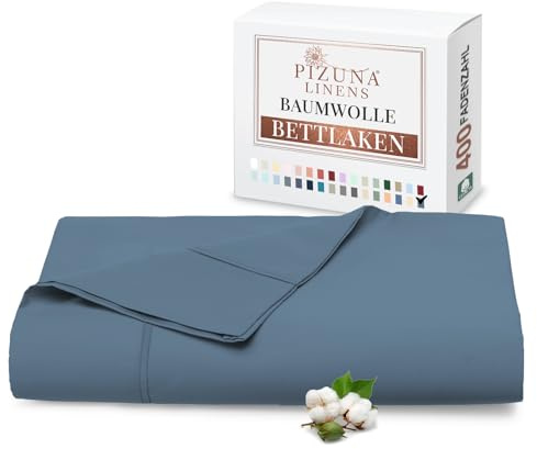 Pizuna Bettlaken 230x280 cm Baumwolle Staubiges Blau 400 Fadenzahl | 100% Langstapel Baumwolle Bettlaken ohne Gummizug, Satinbindung nur Flachlaken Mit stilvollem 5 cm Saum Mako Satin