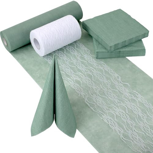 100%Mosel Tischdeko-Set – Eukalyptus Grün & Weiß – Dekorative Tischbänder & Servietten für Taufe, Kommunion, Konfirmation, Hochzeit & Geburtstag – Praktisches Dekoset für besondere Anlässe