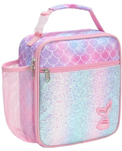 Bagseri Lunch Bag for Girls - Kids Lunch Box for Girls Reusable Leak-Proof and Insulated Kids Lunch Bag Toddler Lunch Box for Daycare and School, Glitter Pink Mermaid