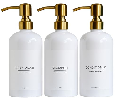 Luxury Shampoo and Conditioner Dispenser Set of 3 - Modern Refillable Shower Soap Bottles with Stainless Steel Pump, Body Wash Dispensers for Bathroom Decor Upgrade (White Bottles+Gold Pump)