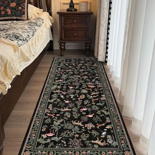 Waschbarer Flur-Läufer, 60 x 150 cm, Schwarz, Boho-Teppich, Tier, Botanik, Blumenmuster, rutschfest, weich, bunt, orientalisch, Vintage, langer Gepard, Flamingo, Hirsch, Teppich, Küche