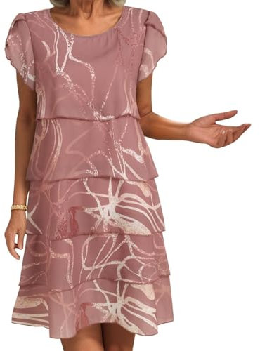 Robe Ete Femme Col Rond, Robe Boheme Femme Manches Courtes Impression 3D Mi-Longue à Volants Superposés Léger Respirant Grande Taille Élégante Décontracté Fluide Classiques Plage Dress