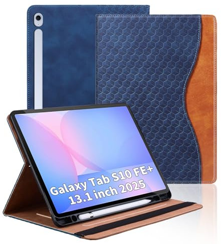 Vkooer Case for Samsung Galaxy Tab S10 FE+ Plus 13.1 Inch 2025 PU Leather Multi-Angle Viewing Folio Case Protective Stand Cover with Front Pocket and Fixing Band for Galaxy Tab S10 FE+, Dark blue