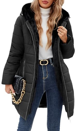Yuson Girl Manteau Femme Longue Matelassé Polaire Doublé Manteau Hiver Veste Épais Chaud Parka Manteau Blouson Zippé à Capuche Hooded Coat Elégant Veste Imperméable Outercoat avec Poches