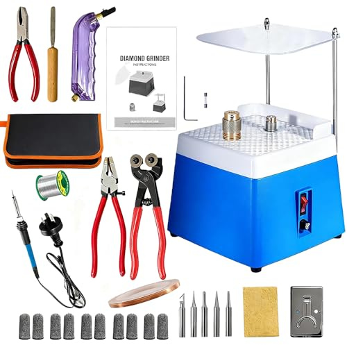 Ponceuse à Verre Portable,220V,65W,4200 tr/min,avec Fonction d'Aspiration Automatique,Protecteur Transparent,2 Têtes Meuleuses Interchangeables et Accessoires de 30 pcs pour Verre et Céramique (Bleu)