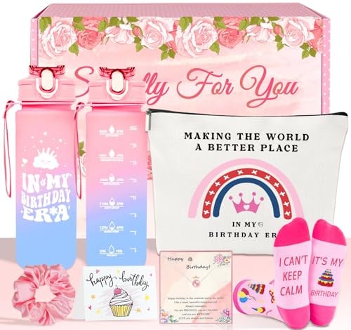 Birthday Gifts For Girls Pink Sports Water Bottle Gift Set 6pcs | Birthday Gifts For Women, Teen Girl, Her, Happy Birthday Gift Box For Girl, Women, Sister, Daughter, Friends