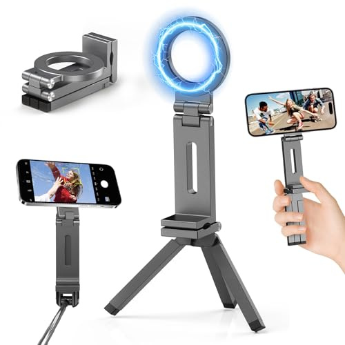 Magnetisches Handy Stativ, Magnetischer Selfie Stick Stativ & 1/4 Schraube Mini Aluminium Faltbare Taschen Stativhalterung für Magsafe Tripod Ständer für iPhone 17 Air 16 Pro Max Plus 16e 15 14 13 12