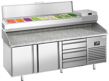 GGM Gastro | POI207T2S1313#AEI203 | Pizzakühltisch Premium PLUS - 1980x700mm - mit 2 Türen & 3 Schubladen - inkl. Kühlaufsatzvitrine - 9x GN 1/4