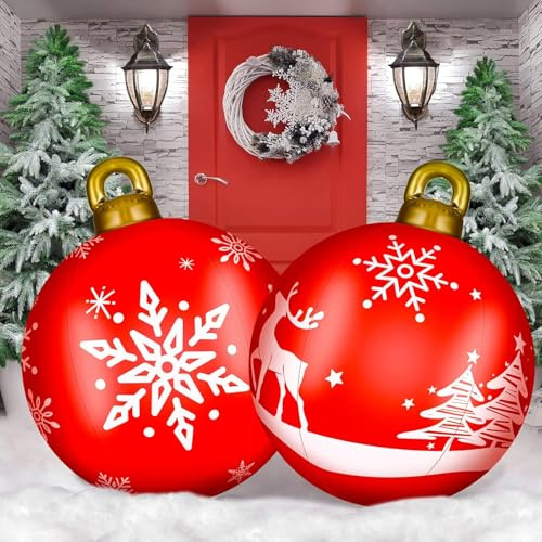 LATERN 2 Stück Riesige Aufblasbare Weihnachtskugeln, 60CM PVC Aufblasbare Dekokugel Schneeflocken Elch Weihnachts Ornament für Weihnachten Drinnen Draußen Haus Garten Rasen Hof Veranda Dekoration