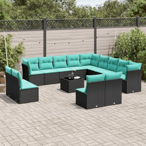 Qnhdfrt 14-Teiliges Gartenmöbel Set Schwarz Polyrattan Gartensofa mit Eckbank Balkonmöbel Kleiner Balkon Gartentisch Hartglas Kissen Modernes Modular Design für Garten Terrasse Balkon und Innenhof
