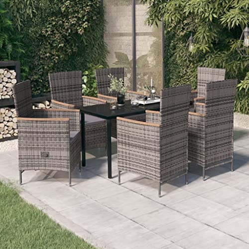 QJBSAVVA 7-TLG. Garten-Essgruppe 140x70 cm aus PE-Rattan mit Verstellbarer Rückenlehne, Robustes Stahl-Gestell, dunkelgraue Kissen, Modernes Design für Terrasse Balkon und Camping
