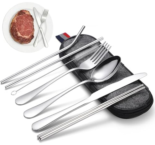 YRUHAN 7 Pièces Couvert Camping, Set de Couverts Camping INOX, Set de Couvert à Emporter, Acier Inoxydable de Haute Qualité, Facile à Nettoyer, Design Portable, Convient pour Le Camping, Les Voyages