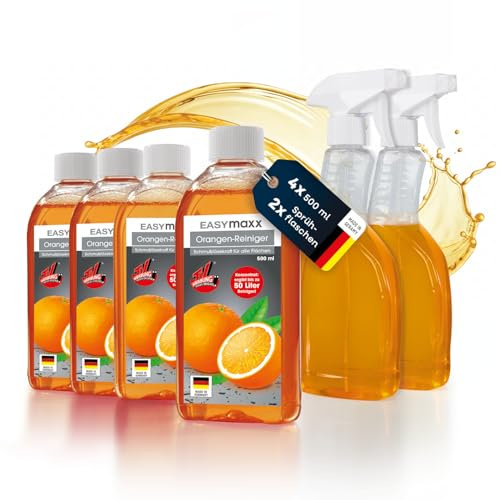 EASYmaxx Orangenreiniger Konzentrat - Badreiniger, Küchenreiniger & Allzweckreiniger in einem | 4x500ml Putzmittel inkl. 2 Sprühflaschen | Cleaner mit effektiver Allesreiniger Wirkung & Fettlösekraft