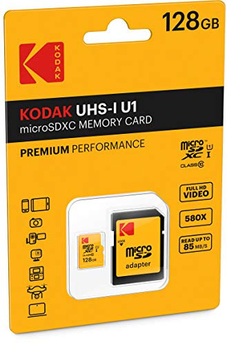 Kodak - Carte Micro SD 128 Go UHS-I U1 V10 A1 microSDHC/XC - Carte Mémoire Micro SD - Vitesse de Lecture 85MB/s Max - Vitesse d'Écriture 25MB/s Max - Stockage Supplémentaire pour Smartphone/Tablette