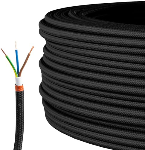 Textilkabel für Lampe, Textilummanteltes Rundkabel, dreiadrig 3x0,75mm², Schwarz - 50 Meter Rolle