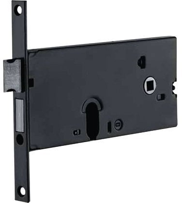 Serratura Meccanica Da Fascia '950' Per Porte In Alluminio. Finitura Verniciata Nera. Foro Ovale Per Cilindro. Vite Di Fissaggio Per Cilindro. Senza Cilindro. Con Scrocco.