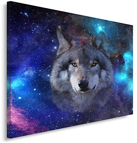 Feeby Frames, Tableau imprimé xxl, Tableau imprimé sur toile, Tableau deco, Canvas 30x40 cm, MODERNE, ESPACE, LOUP, ÉTOILES, BLEU, VIOLET, GRIS, NOIR
