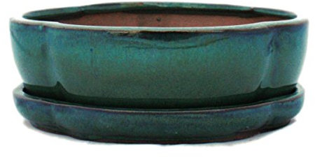 exotenherz - Bonsai-Schale mit Unterteller Gr. 3 - Grün - haitang/oval - Modell I5 - L 17cm - B 14cm - H 5,5cm