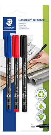 STAEDTLER permanenter Universalstift Lumocolor, wisch- und wasserfest, sekundenschnell trocken, nachfüllbar, Linienbreite 1 mm, 3 Marker blau/rot/schwarz auf Blisterkarte, 317-S BK3D
