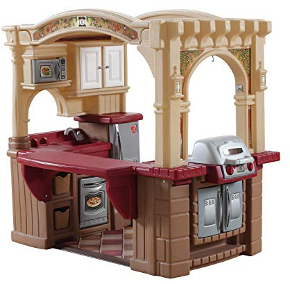 Step2 Grand Walk-In Kitchen & Grill Kids Playset, Indoor/Outdoor Kitchenette, Interactive Play with Lights and Sounds, Durable Plastic, 103 Piece Toy Accessories, Toddlers 2+ Years Old, Brown/Tan