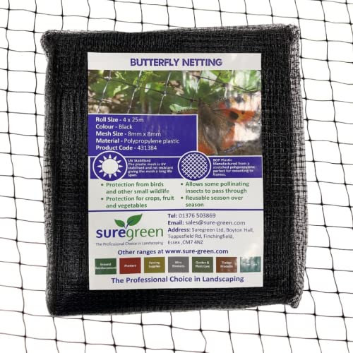Suregreen Butterfly Netting for Garden Plants | Fine Mesh Insect Protection Net | 4m x 25m | 8mm x 8mm Holes | Black Mesh for Vegetables, Crops, Fruit Trees, Flowers | UV Resistant Garden Netting