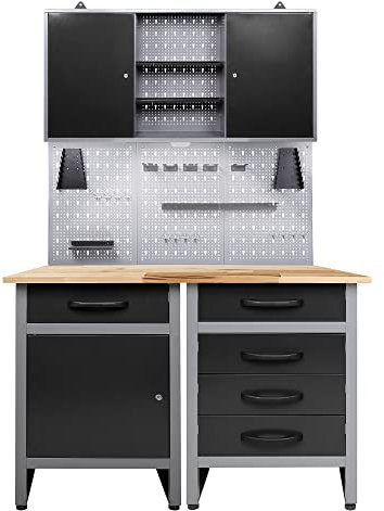 Ondis24 Werkstatteinrichtung 4 teilig mit LED Beleuchtung Werkstatt aus: Werkbank Werzeugschrank, Euro - Lochwand mit 22 Haken