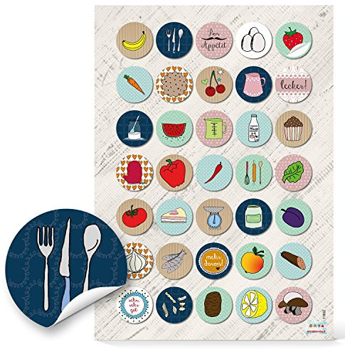 Logbuch-Verlag 35 Sticker Küche Essen Kinder Obst Gemüse Aufkleber Ernährung rund 3,2 cm für eigene Rezeptbücher zum Verzieren