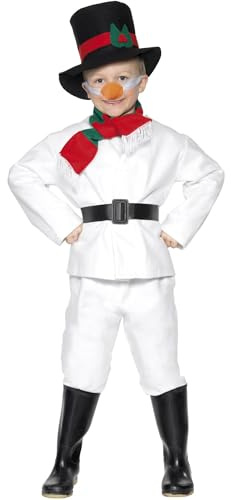 Smiffys, Kinder Jungen Schneemann Kostüm, Oberteil, Hose, Hut, Schal, Gürtel und Nase, Größe: L, 30056