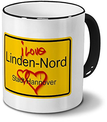 digital print Städtetasse Linden-Nord - Stadt Hannover - Design Ortsschild Graffiti - Stadt-Tasse, City-Mug, Becher Schwarz
