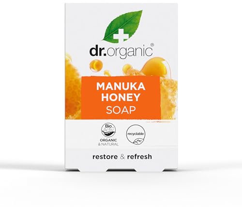 Dr. Organic Manuka Honig Seifenstück, Trockene Haut, Herren, Damen, natürlich, vegetarisch, tierversuchsfrei, paraben- und SLS-frei, plastikfrei, recycelt & recycelbar, biologisch, 100g