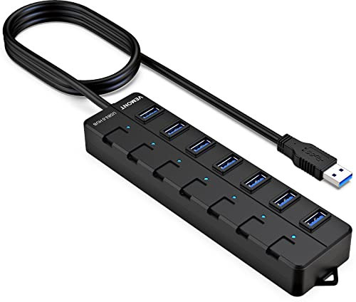 USB 3.0 Hub, VEMONT 7-Port USB Hub Splitter mit verlängertem 1.2m Kabel, USB Verteiler mit einzelnen LED Power Schalter Kompatibel für PC/MacBook Air/Pro/Mac mini/iMac/MacPro/Laptops und andere