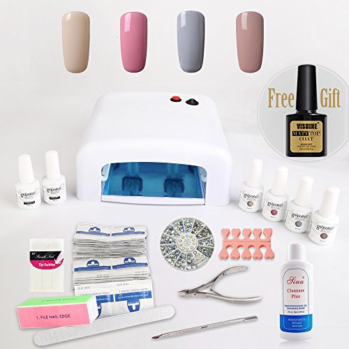 Nail Gel Polish Starter Kit 4 Vishine Colours Soak Off Gel Polish + Top Base Coat + 36W UV Lamp + Cleanser + Removers + Manicure Tools & + 1 FREE MATTE TOP COAT K004