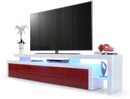 Vladon Meuble TV Bas Leon V3, Corps en Blanc Haute Brillance/Façades en Bordeaux Haute Brillance avec Une bodure en Blanc Haute Brillance avec l'éclairage LED (227 x 52 x 35 cm)
