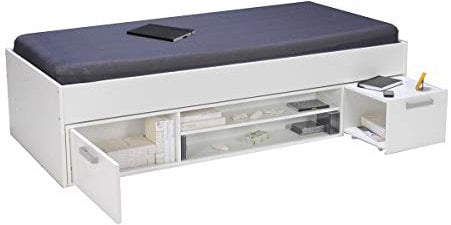 Lit TESS 90x190 + chevet + étagère + rangement / Blanc