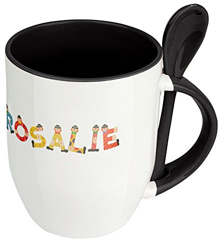 Namenstasse Rosalie - Löffel-Tasse mit Namens-Motiv Holzbuchstaben - Becher, Kaffeetasse, Kaffeebecher, Mug - Schwarz