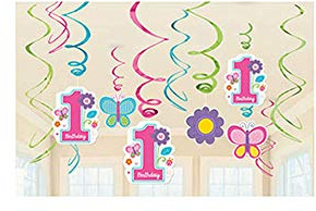 Amscan 670367 - Deko-Spiralen Sweet Birthday Girl, 12 Stück, Papier, 1. Geburtstag, Hängedekoration