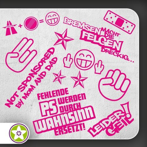 Kiwistar Sticker Bomb Set 1 pink - Bogen: A4 Bremsen…Felgen…, Shockerhand, Autobahnfreak, Fehlende PS…, Leider Geil. Auswahl Sammlung Aufkleber Scheibe Tuning Decal