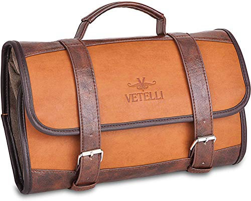 Vetelli Trousse de Toilette à Suspendre en Toile et Cuir PU pour Homme - avec Crochet - Idéal pour Les Voyages et déplacements - Nombreuses Poches - Doublure étanche - Marron
