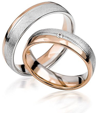JC Trauringe Gold 585 Paarpreis Bicolor Rotgold und Weißgold I Eheringe breit 5,5 mm I Partnerringe mit Gravur in edler Schatulle I 2 Hochzeitsringe Herrenring ohne & Damenring mit Stein I C083