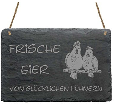 Schiefertafel « FRISCHE EIER - von Glücklichen Hühnern » Schild Dekoschild für Hofladen, Garten & Bauernhof - Huhn Henne Ei
