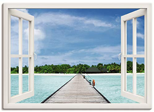 ARTLAND Wanddeko Leinwand Bilder Wandbild Landschaften Fensterblick Fotografie Weiß Fensterblick maledivischen Paradies T6AH