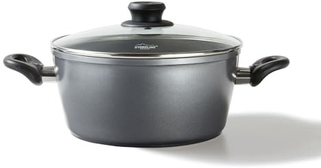 STONELINE XXL Aluguss Kochtopf 28 cm, Großer Topf mit Deckel 7 L, Antihaft beschichtet mit echten Steinpartikeln, Kochtopf Induktion 28 cm, für alle Herdarten, Backofen, Kochen ohne Fett oder Öl, Grau